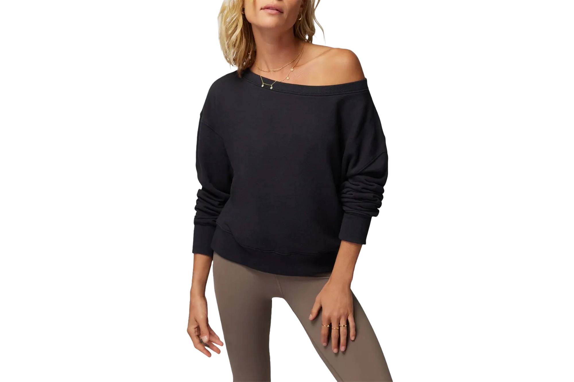 A model in an off-the-shoulder sweatshirt