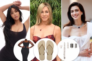 Kim Kardashian, Jennifer Aniston and Anne Hathaway with insets of a dress, flip flops and a Shark hair tool