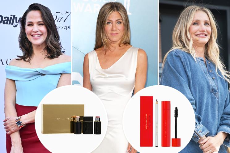 Jennifer Garner, Jennifer Aniston and Cameron Diaz with insets of Westman Atelier makeup sets