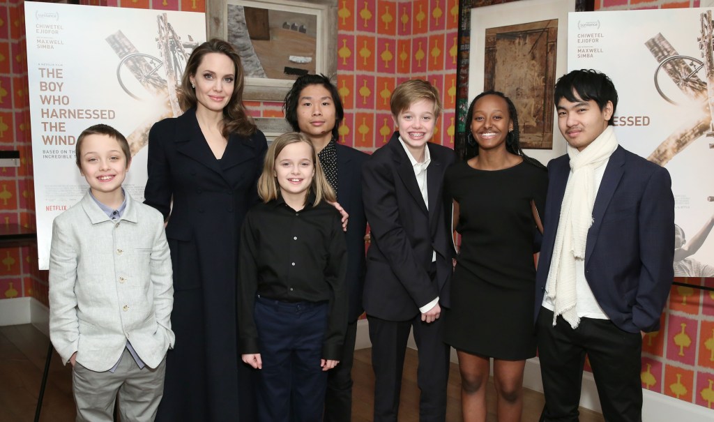 angelina jolie posing with her six kids