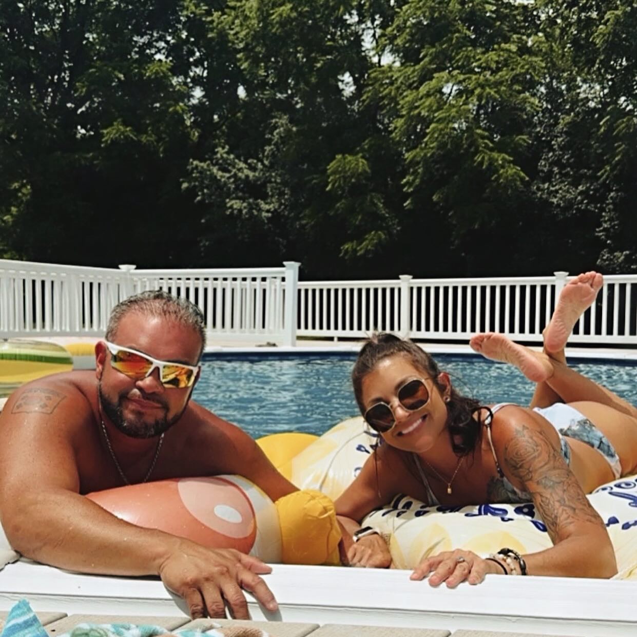 jon gosselin and girlfriend stephanie lebo lounging on pool floats