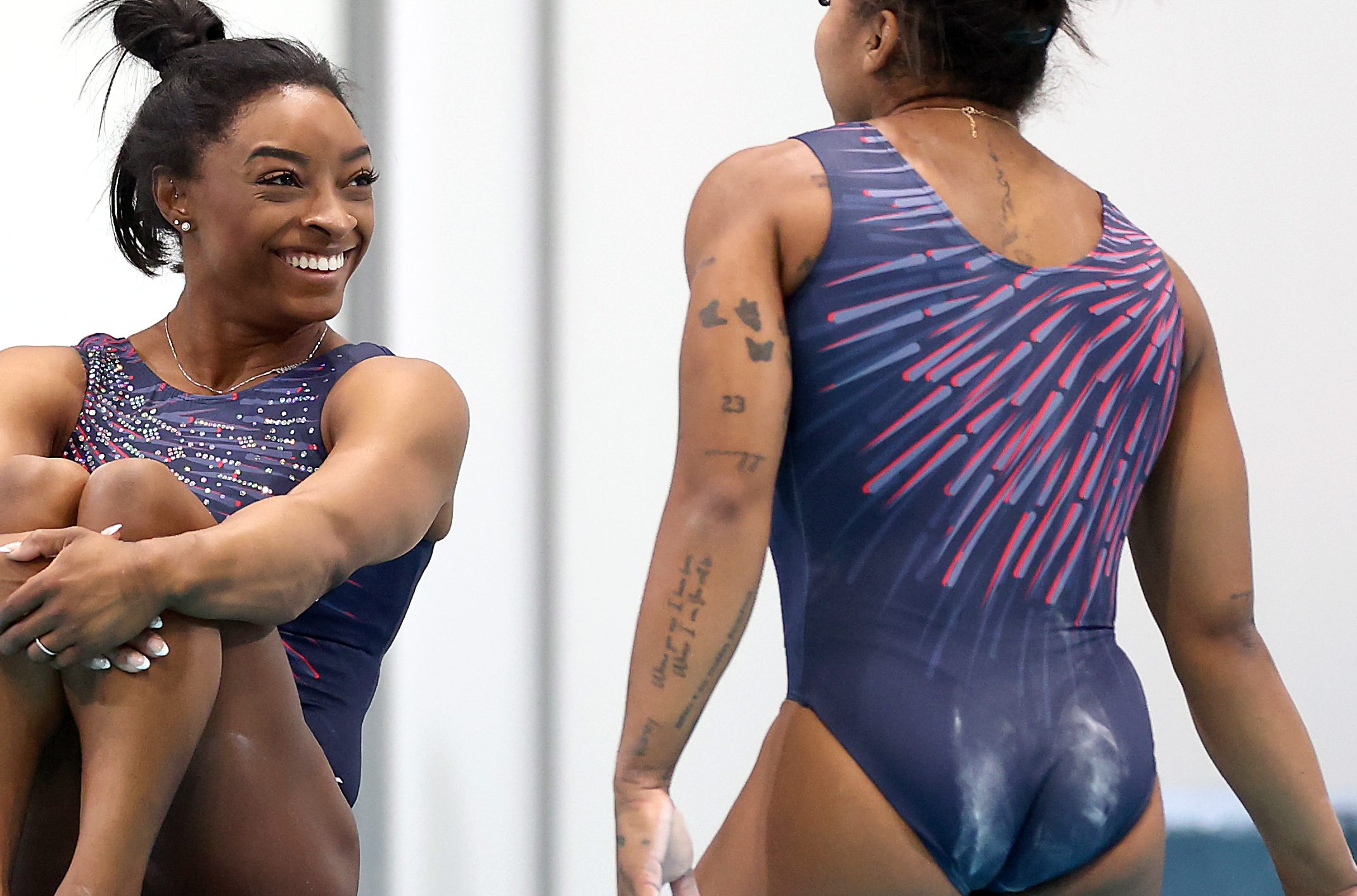 Chiles and Biles talk while training for the 2024 Olympics