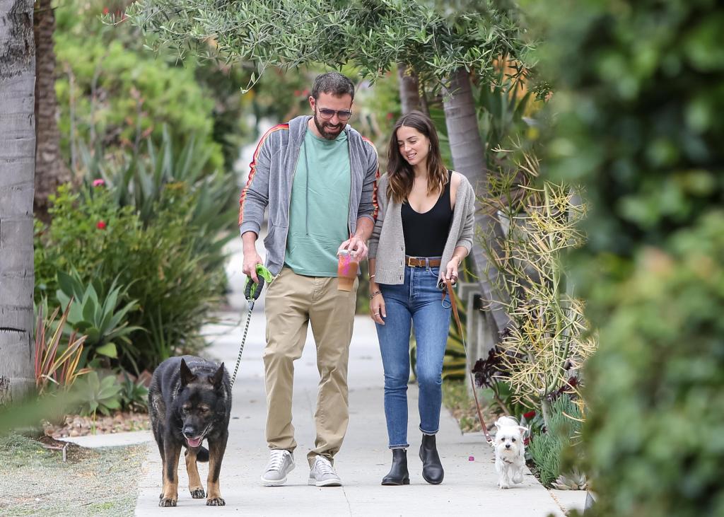 Ana de Armas and Ben Affleck, each walking a dog