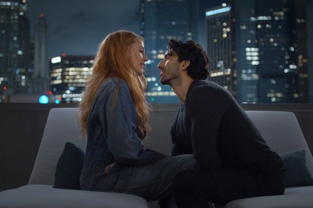 blake lively and justin baldoni staring at each other in the movie "it ends with us"