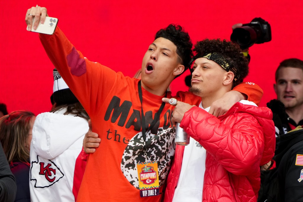 Patrick Mahomes and Jackson Mahomes in February 2023