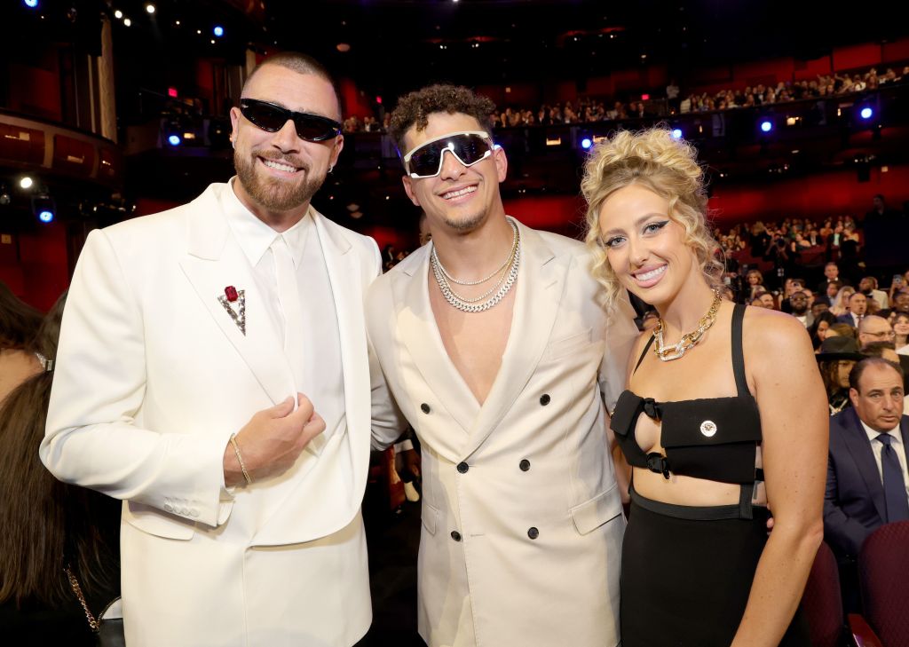 Travis Kelce, Patrick Mahomes and Brittany Mahomes attend The 2023 ESPY Awards at Dolby Theatre on July 12, 2023.