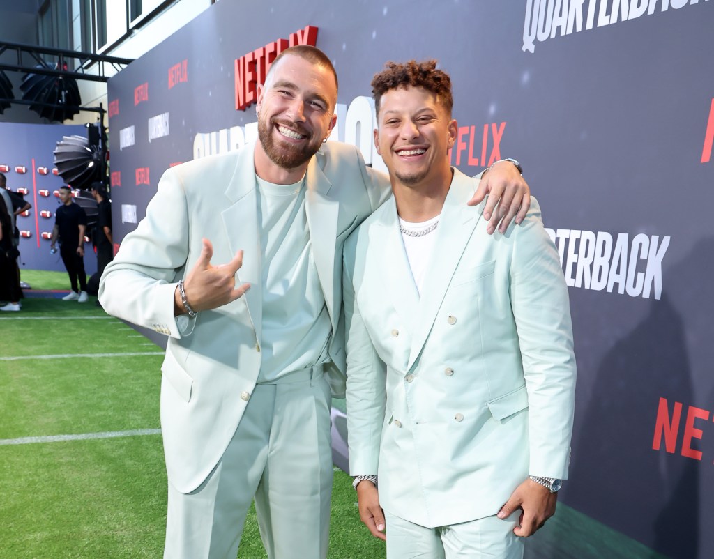 Travis Kelce and Patrick Mahomes attend the Netflix Premiere of "Quarterback" at Netflix Tudum Theater on July 11.