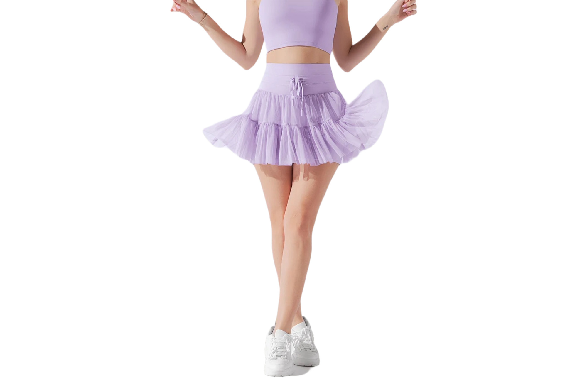 A model in a lilac Popflex skirt