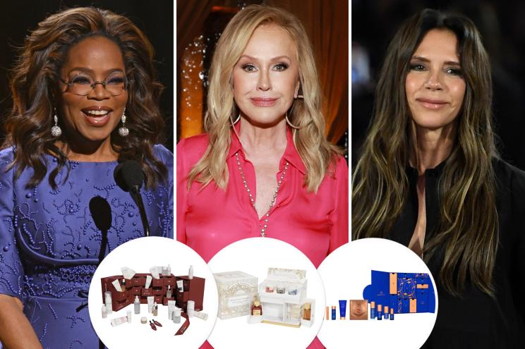 Oprah, Kathy Hilton and Victoria Beckham with insets of beauty Advent calendars