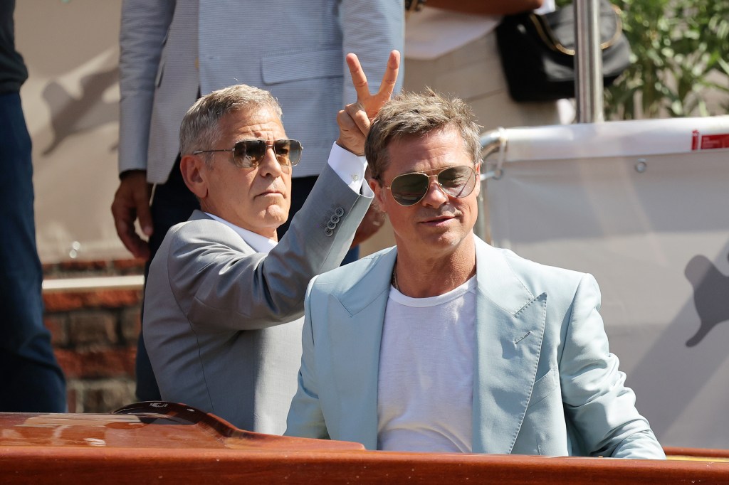 George Clooney and Brad Pitt are seen at the 81st Venice International Film Festival on September 01, 2024 in Venice, Italy. 