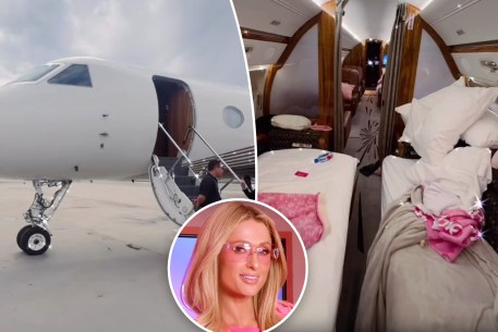 Inside Paris Hilton's Sliv Air private jet with an inset of Paris Hilton.