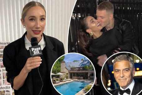 A split photo of Aurora Culpo talking and Olivia Culpo and Christian McCaffrey kissing and a small photo of George Clooney and a home