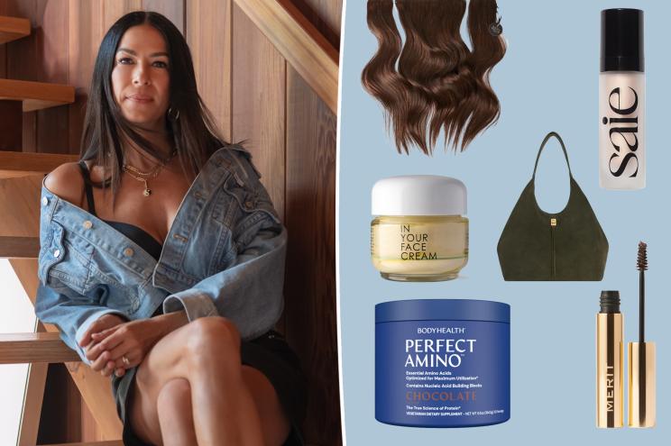 Rebecca Minkoff with insets of skincare, hair extensions and a bag