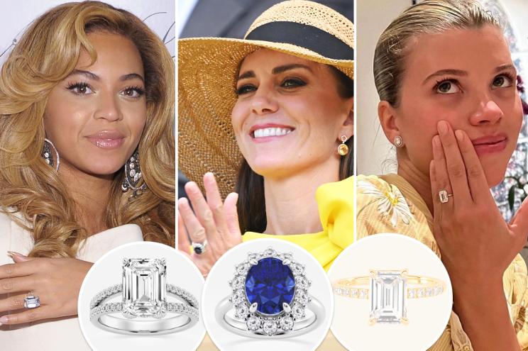 Beyoncé, Kate Middleton and Sofia Richie with insets of engagement rings