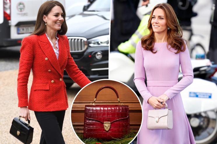 Two photos of Kate Middleton with an inset of a purse