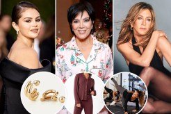 A split image of Selena Gomez, Kris Jenner and Jennifer Aniston with insets of holiday gifts