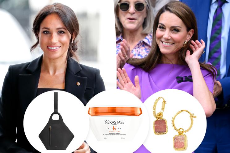 A split image of Meghan Markle and Kate Middleton with insets of a purse, hair mask and earrings