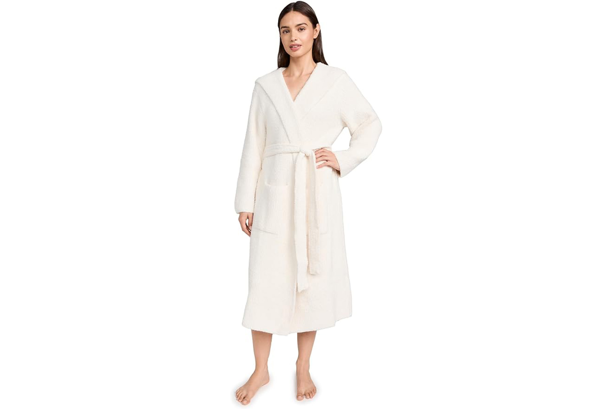 A model in a white bathrobe