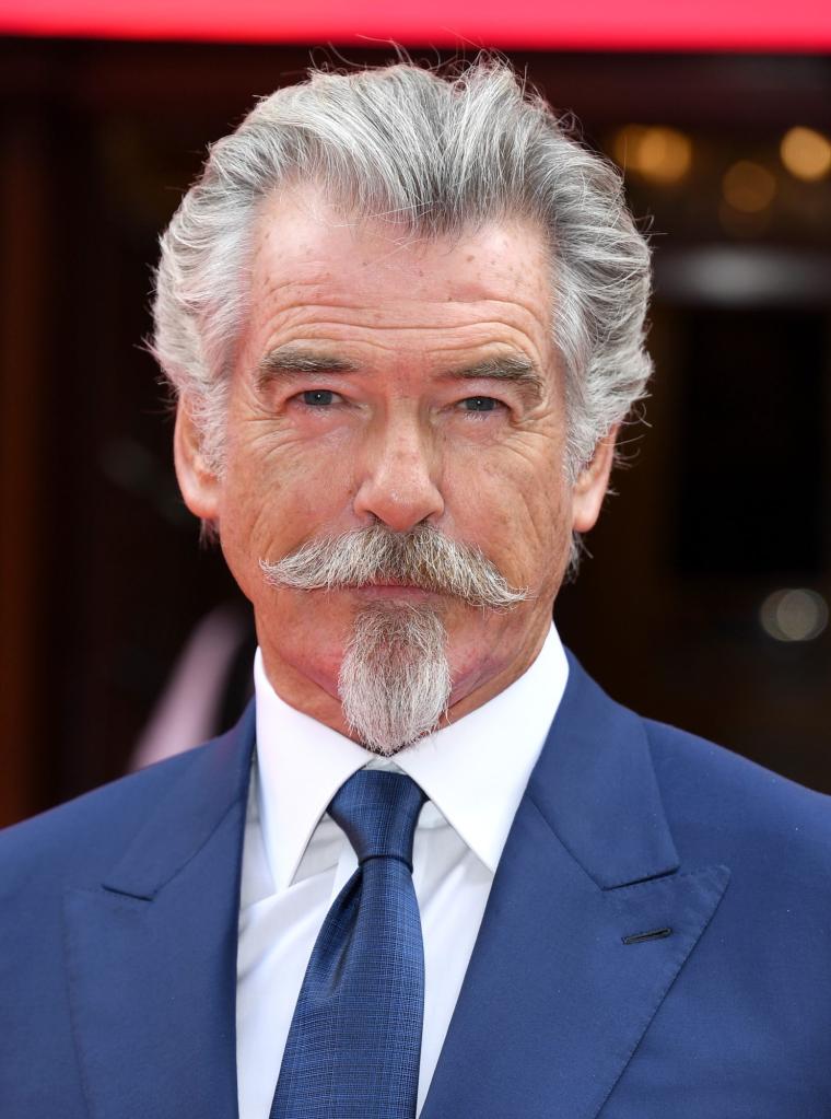 Pierce Brosnan shows off his beard and mustache at London Palladium.