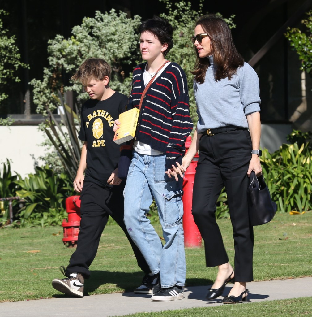 Jennifer Garner with her kids, Seraphina and Samuel, on their wait to church on Nov. 3. 