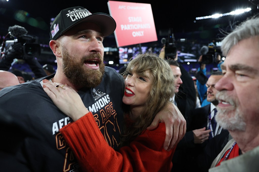 Taylor Swift and Travis Kelce celebrate after his Super Bowl win.