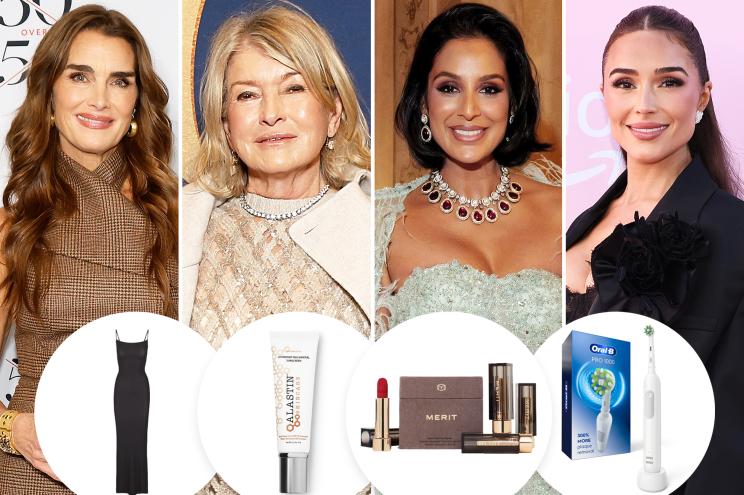 A split image of Brooke Shields, Martha Stewart, Jessel Taank and Olivia Culpo with insets of products