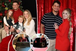 Patrick and Brittany Mahomes with their kids split image.