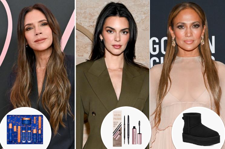 Victoria Beckham, Kendall Jenner and Jennifer Lopez with insets of beauty products and Ugg boots