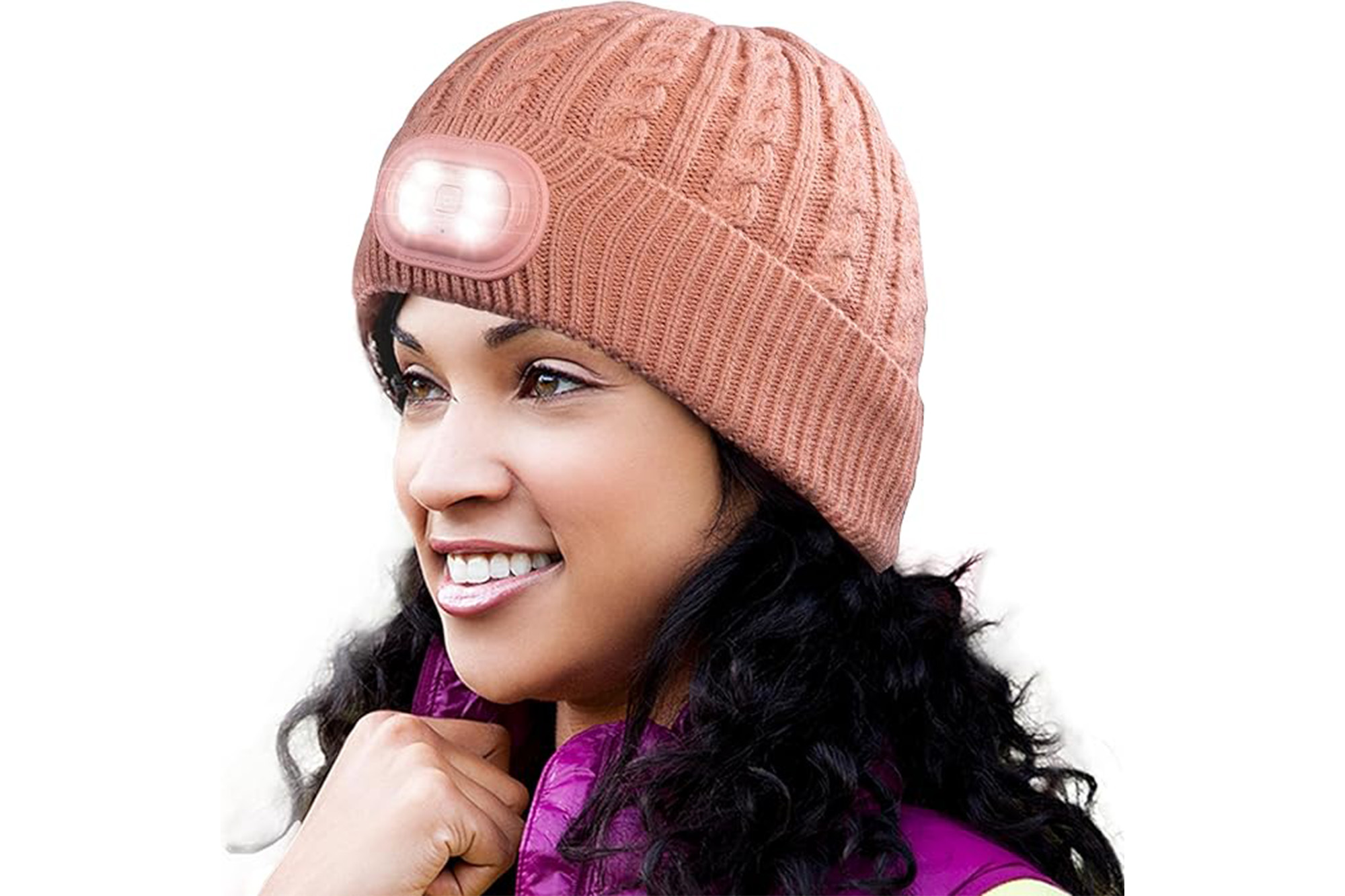 A model in a light-up beanie