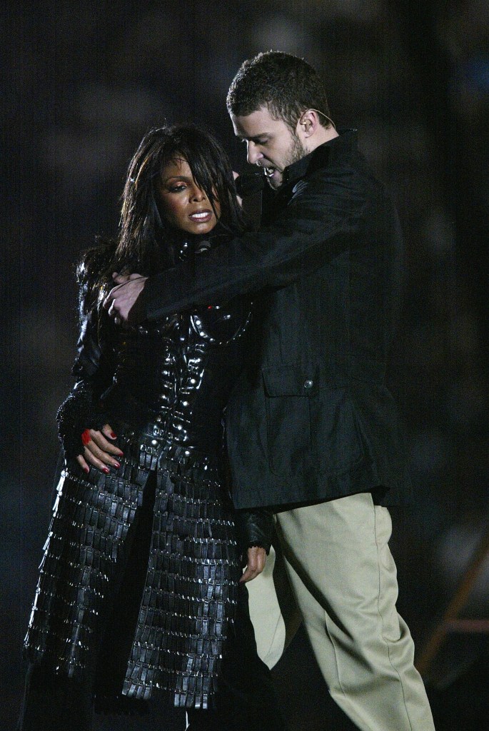 Janet Jackson and surprise guest Justin Timberlake perform during the halftime show at Super Bowl XXXVIII between the New England Patriots and the Carolina Panthers at Reliant Stadium on February 1, 2004 in Houston, Texas. 