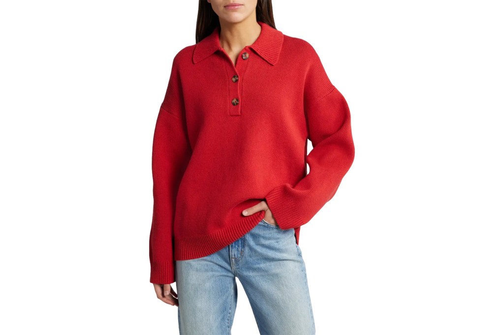 A model in a red sweater