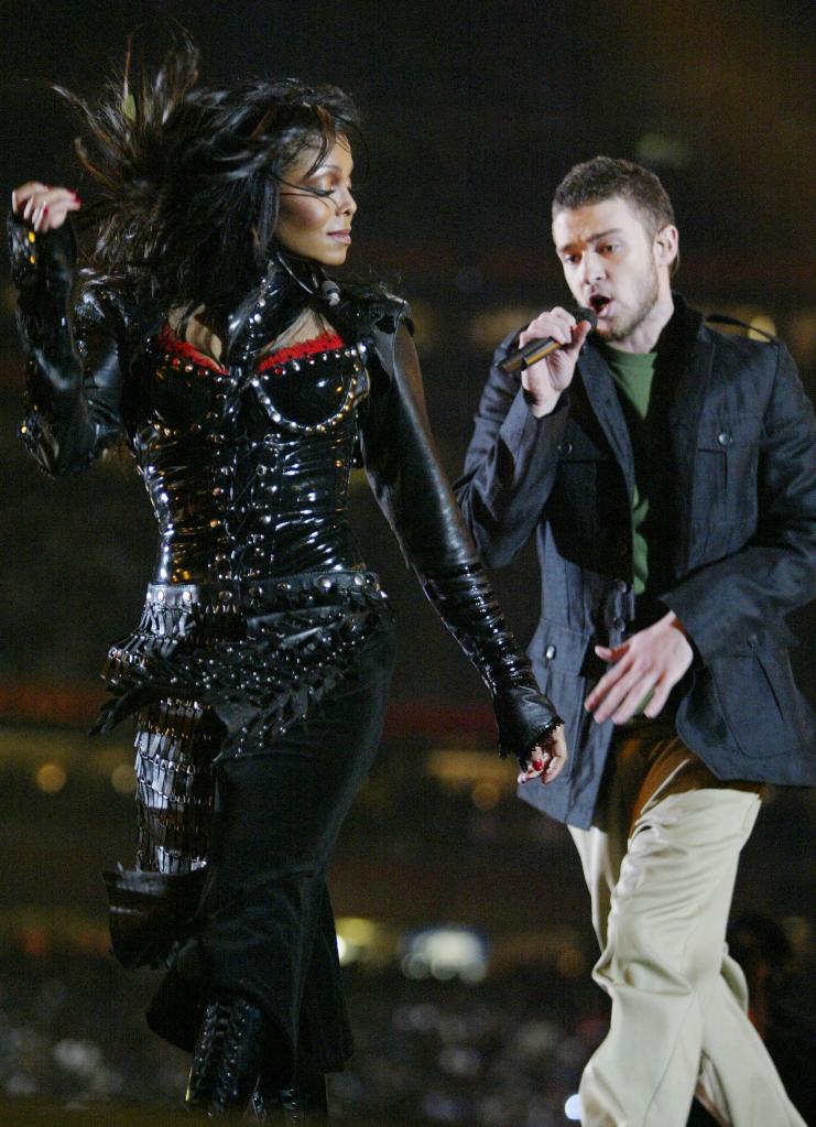 Janet Jackson and surprise guest Justin Timberlake perform during the halftime show at Super Bowl XXXVIII between the New England Patriots and the Carolina Panthers at Reliant Stadium on February 1, 2004 in Houston, Texas.