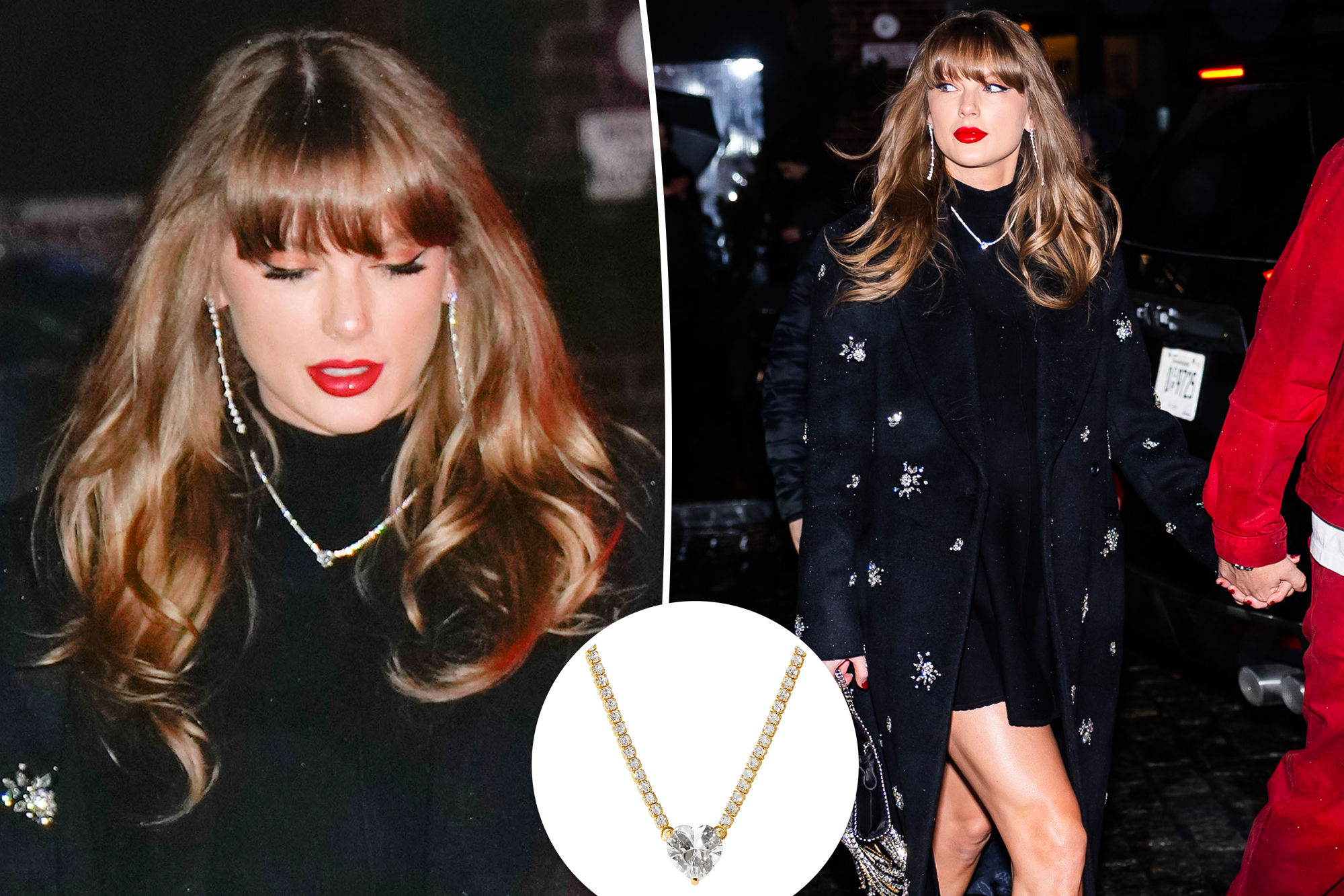 Taylor Swift with an inset of a necklace