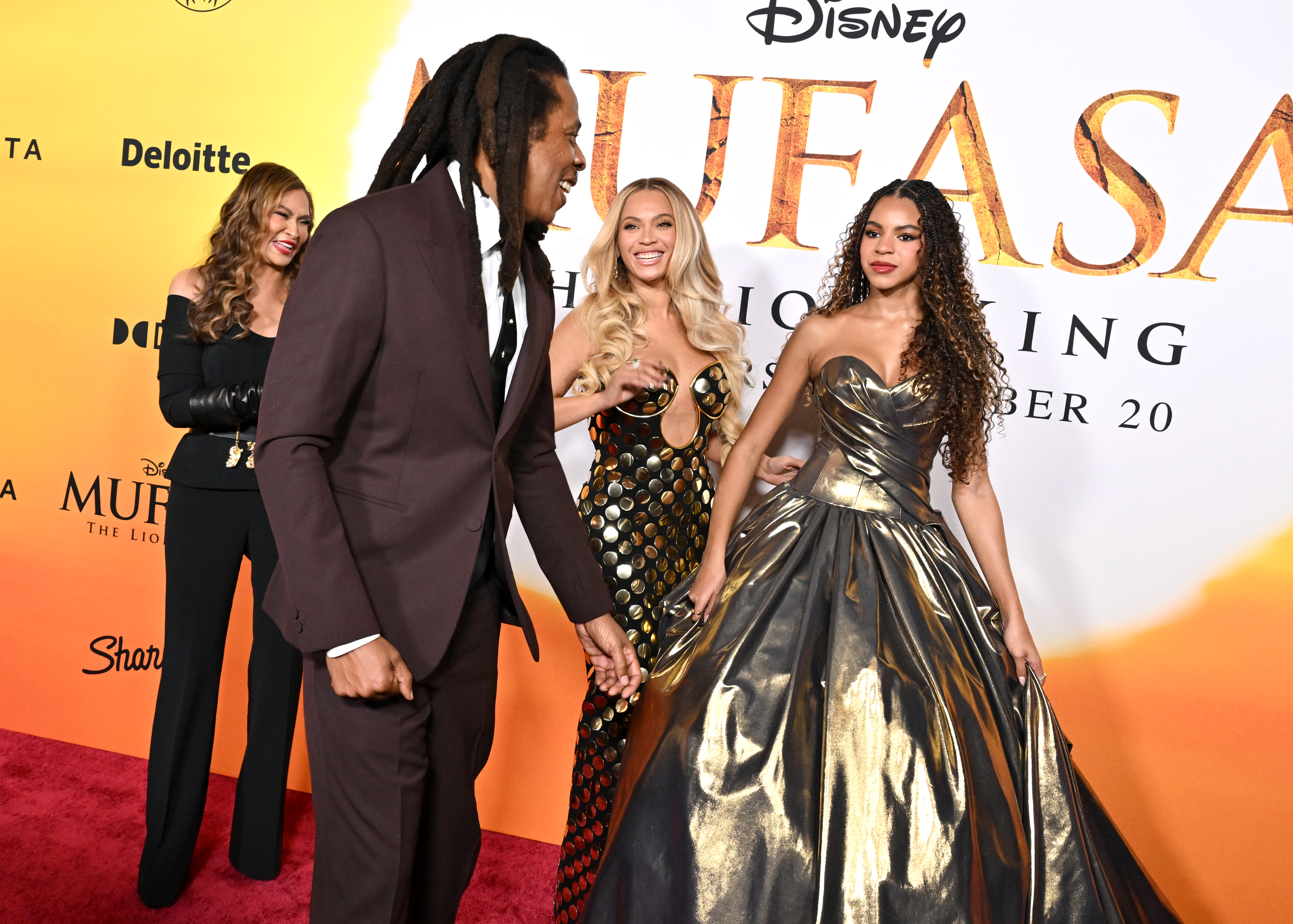 Tina Knowles, Jay-Z, Beyonce and Blue Ivy Carter at the premiere of Disney's "Mufasa: The Lion King" at the Dolby Theater in LA in December 2024