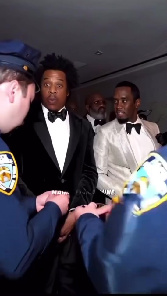 An AI-video of Jay-Z and Sean Combs being placed in handcuffs.