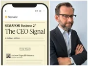 A composite image showing a promotional mock-up of Semafor's CEO Signal newsletter on the left and its author, former FT US news editor Andrew Edgecliffe-Johnson, on the right