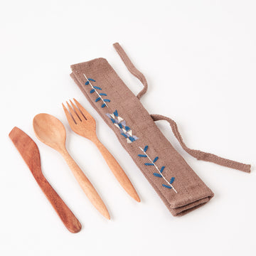 Wooden Cutlery Set with Embroidered Wrap