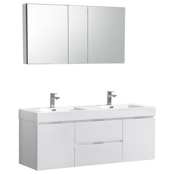 Valencia 60" Glossy White Wall Hung Double Sink Vanity, Faucet FFT1030CH