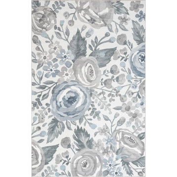 Nuloom Machine Washable Avis Floral Stain Repellent Area Rug, Light Grey 4'x6'