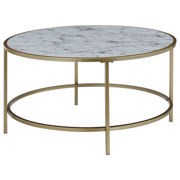 Convenience Concepts Gold Coast 33" Round Faux Marble Coffee Table in Gold Metal