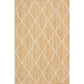 Natural Braided Jute Area Rug with White Diamond Pattern, Farmhouse Style, 6' Square