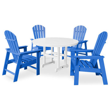 Polywood South Beach 5-Piece Round Farmhouse Dining Set, Pacific Blue/White
