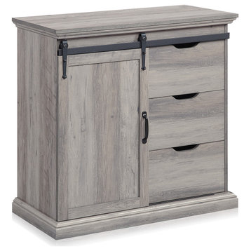 Buffet Table With Sliding Barn Door, Three Drawers & Two Shelves, Gray Wash