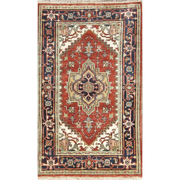 Foyer Size Rust Color Heriz Indian Oriental Hand-Knotted Area Rug 5'0"x3'2"