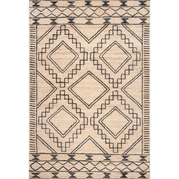Nuloom Hand Woven Jute/Cotton Tribal Moroccan Transitional Rug, Natural 9'x12'