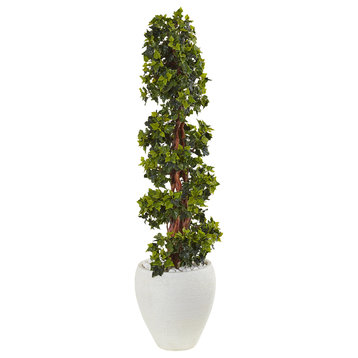 4' English Ivy Topiary, White Planter, UV Resistant, In/Outdoor