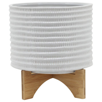 11" Textured Planter With Stand, White
