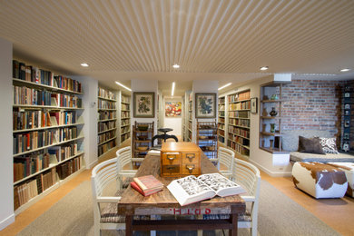 Inspiration for a large 1950s open concept cork floor, brown floor, tray ceiling and brick wall living room library remodel in Philadelphia with white walls, a standard fireplace and a brick fireplace