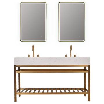 Merano Stainless Steel Vanity Console With Aosta White Stone Countertop, Brushed Gold, 60", With Mirror