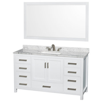 Sheffield 60" White SGL Vanity, Carrara Marble Top,3-Hole Square Sink,58" Mirror